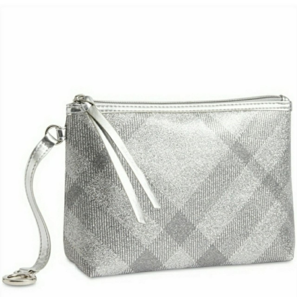 Burberry Silver Glitter Plaid Women's Zipper Clutch Bag With Chain
